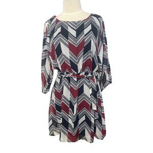 Three Pink Hearts Chevron Print Dress Belted Womens XL Red Black Split Sleeve